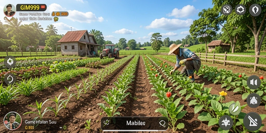 Screenshot gameplay GIM999 menunjukkan petani sedang merawat tanaman.